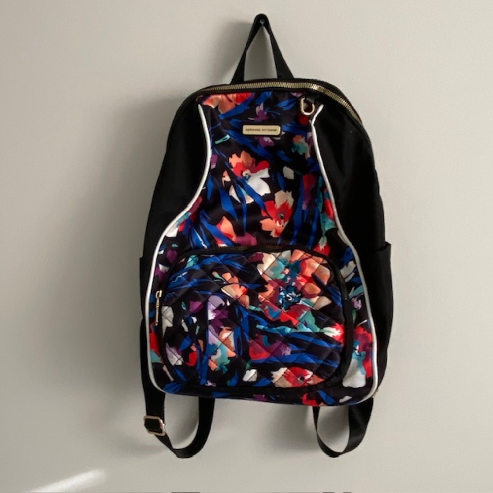 Adrienne Vittadini Black Backpack with Floral Design and Stylish Pattern